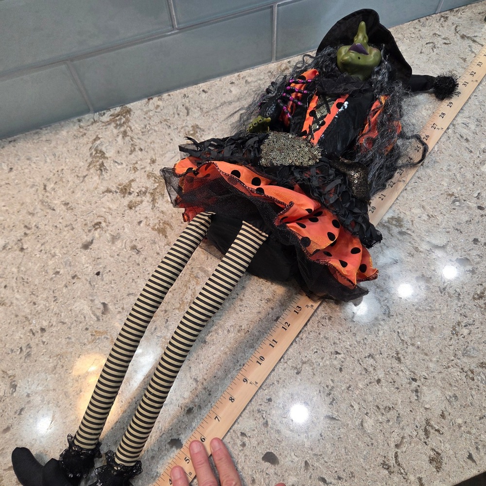 Halloween Shelf Sitter Witch Doll 30" Green Face Sequin Tulle Dress Spider - Picture 5 of 14